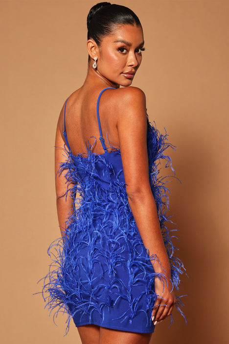 Ostrich Feather Embellished Strapless Mini Dress in Blue