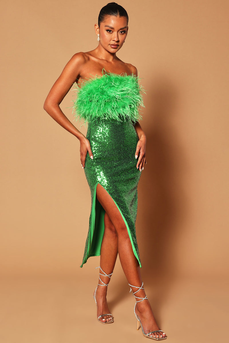 Justine Sequin Feather Midi Dress