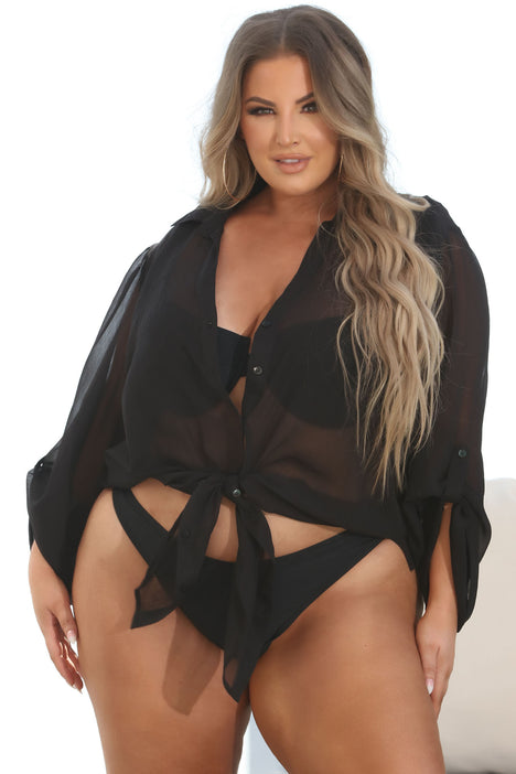Sunset Dreams Sheer Swim Cover Up Oversized Top Black Fashion