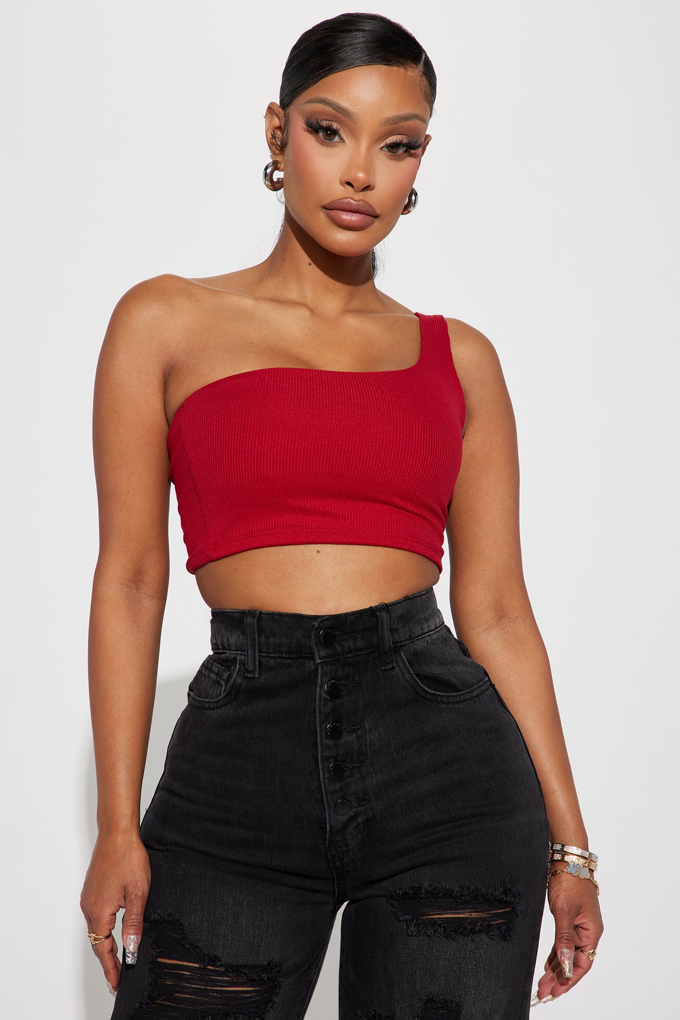 Last Call One Shoulder Crop Top Red