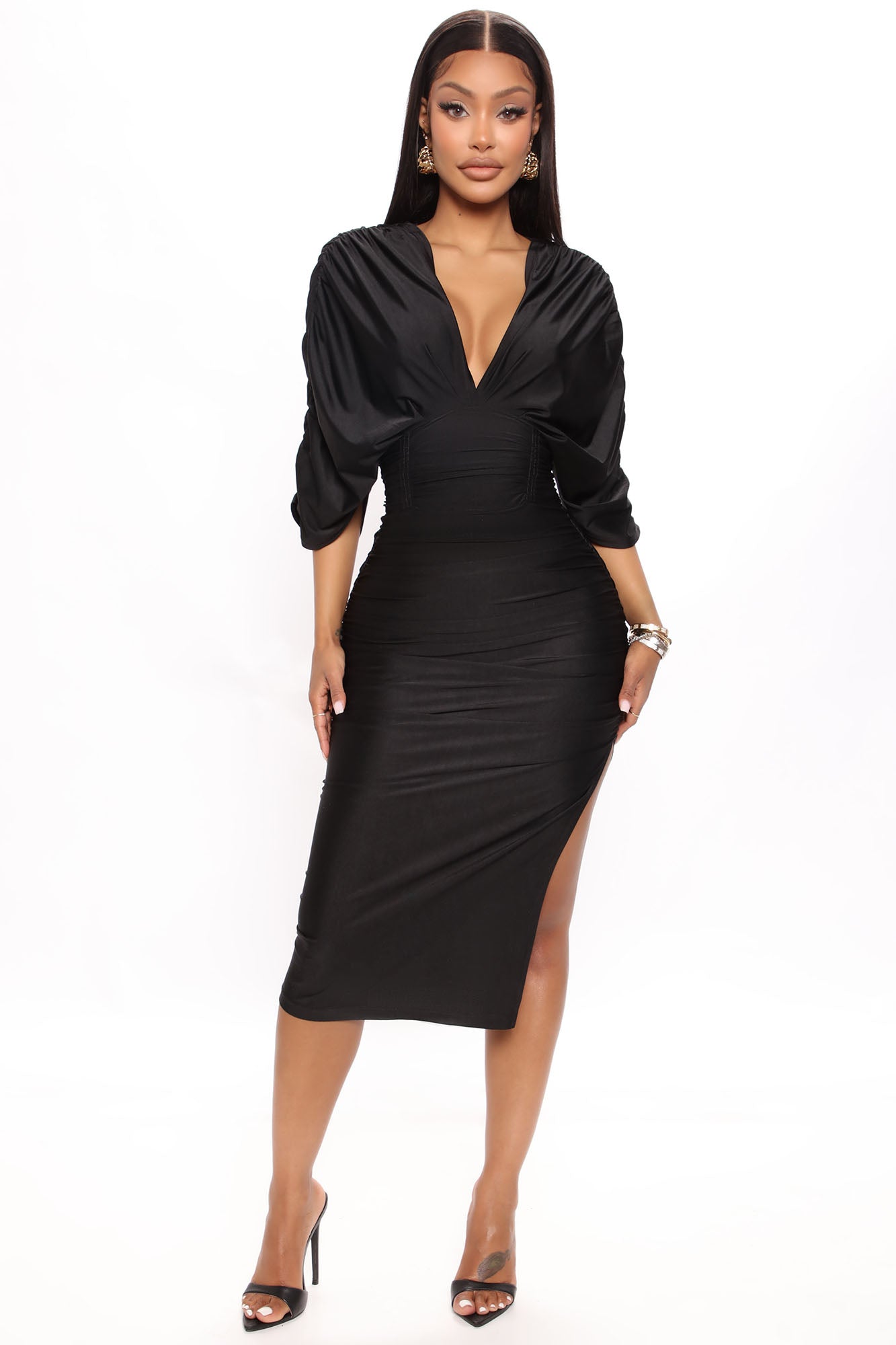 Black ruched midi dress clearance