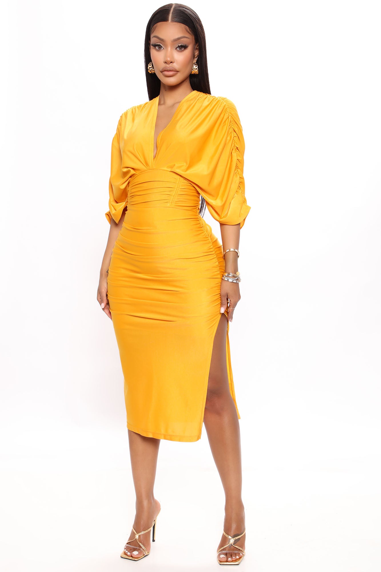Mustard shop ruched dress