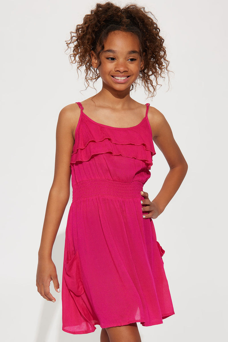Mini Brighter Days Ahead Gauze Ruffle Front Dress - Neon Pink | Fashion ...