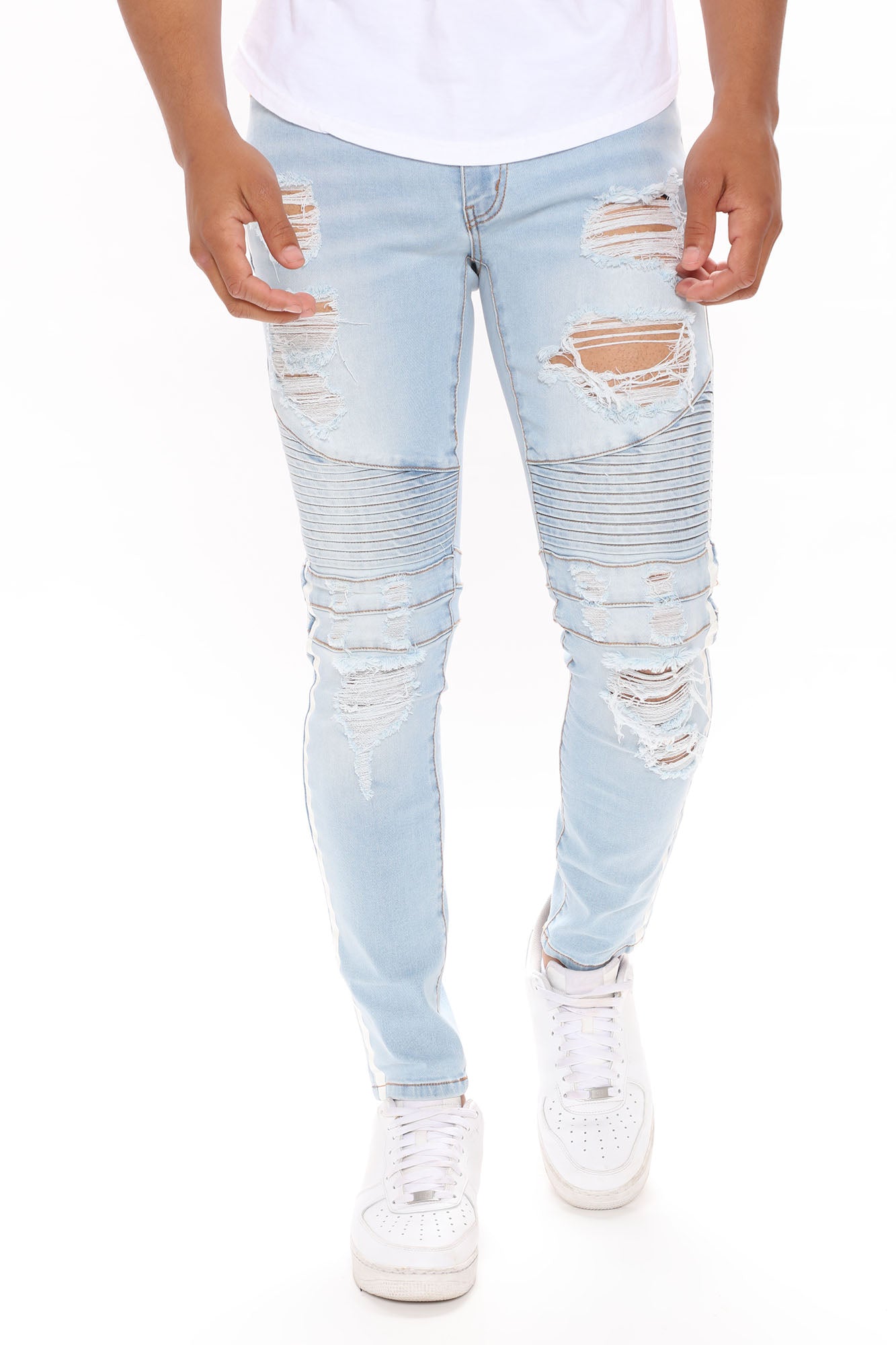 Skinny Biker Stripe Jeans Light Wash