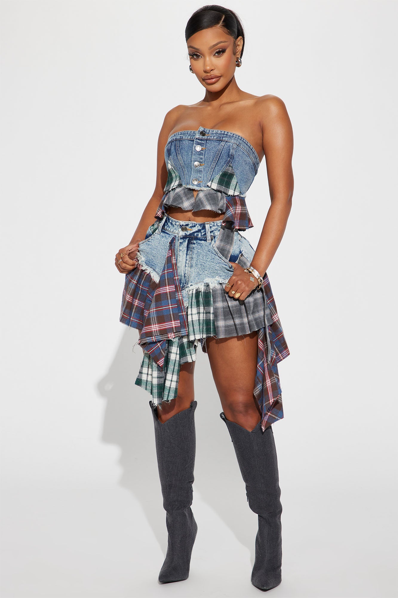 Plaid denim discount skirt