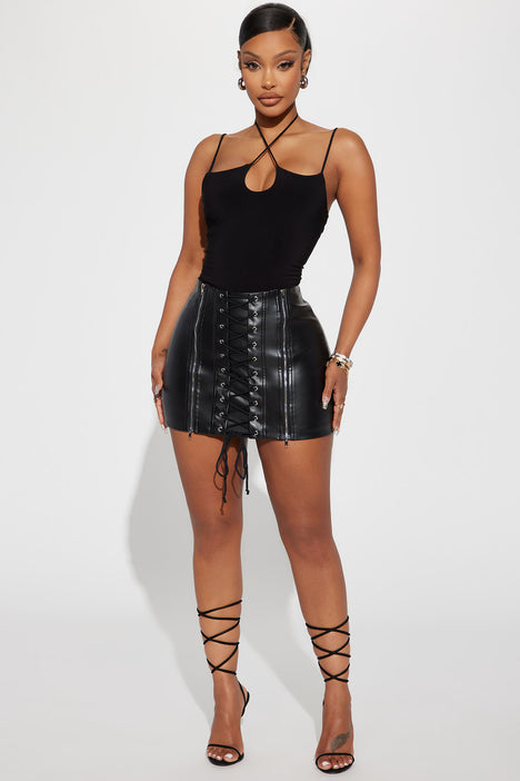 Black leather mini skirt lace up sale