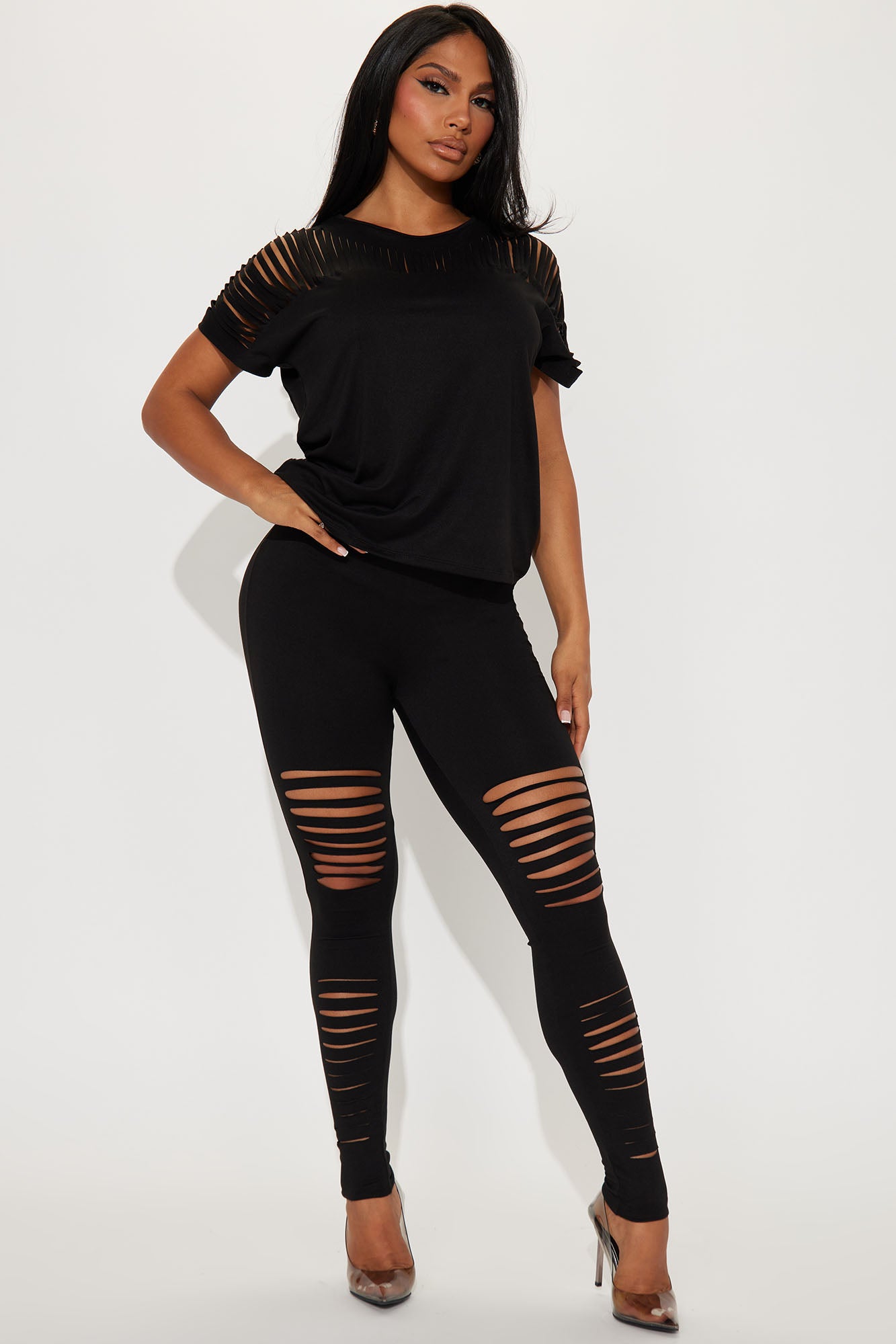 Womens black distressed leggings discount