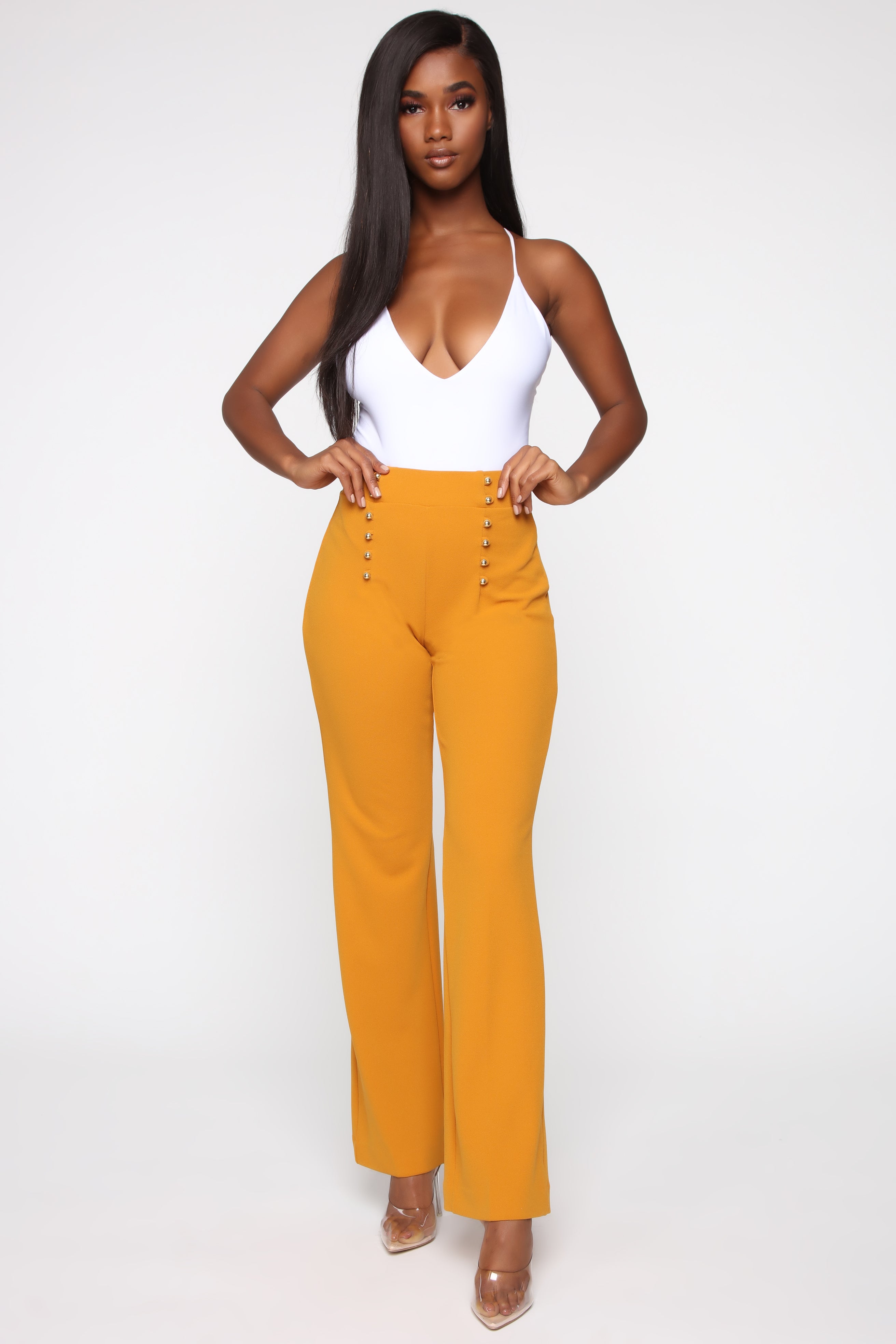 Button front wide leg pants top