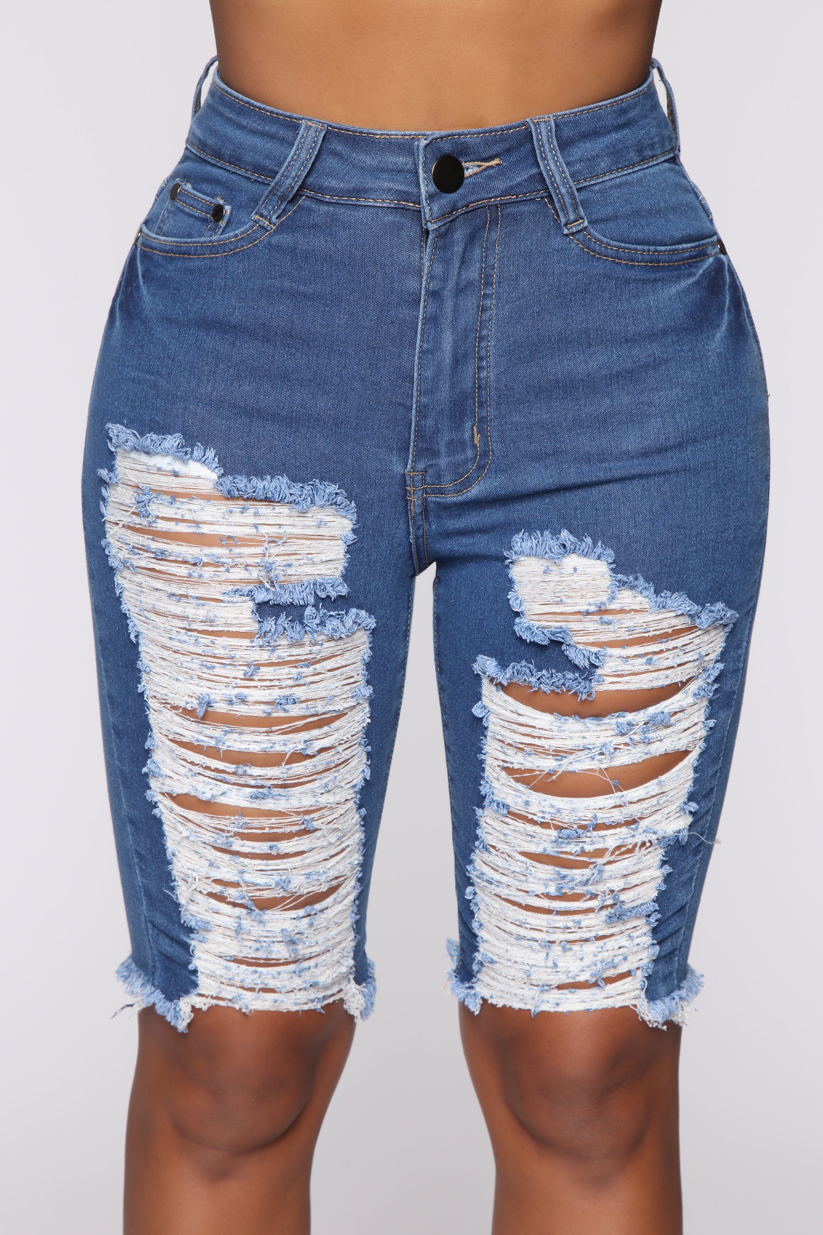Mellow Out Distressed Bermuda Shorts Medium Blue Wash