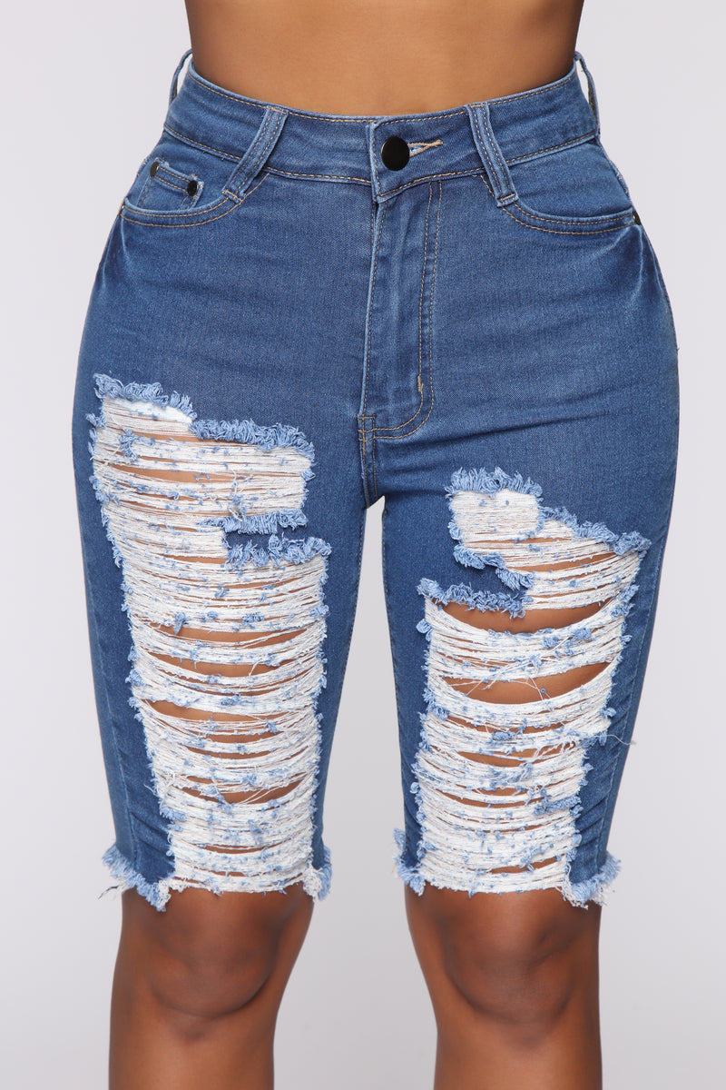 Mellow Out Distressed Bermuda Shorts - Medium Blue Wash | Fashion Nova ...
