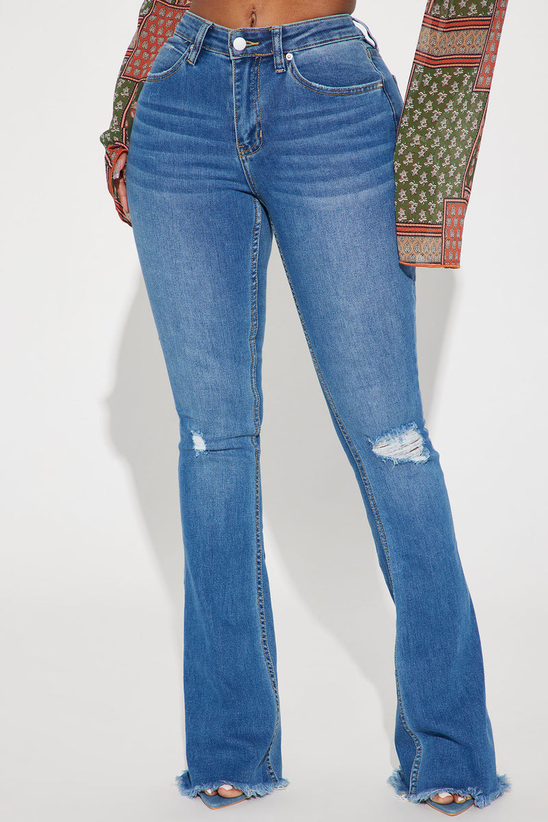 Really Rowdy Ripped Stretch Flare Jeans - Medium Wash | Fashion Nova ...