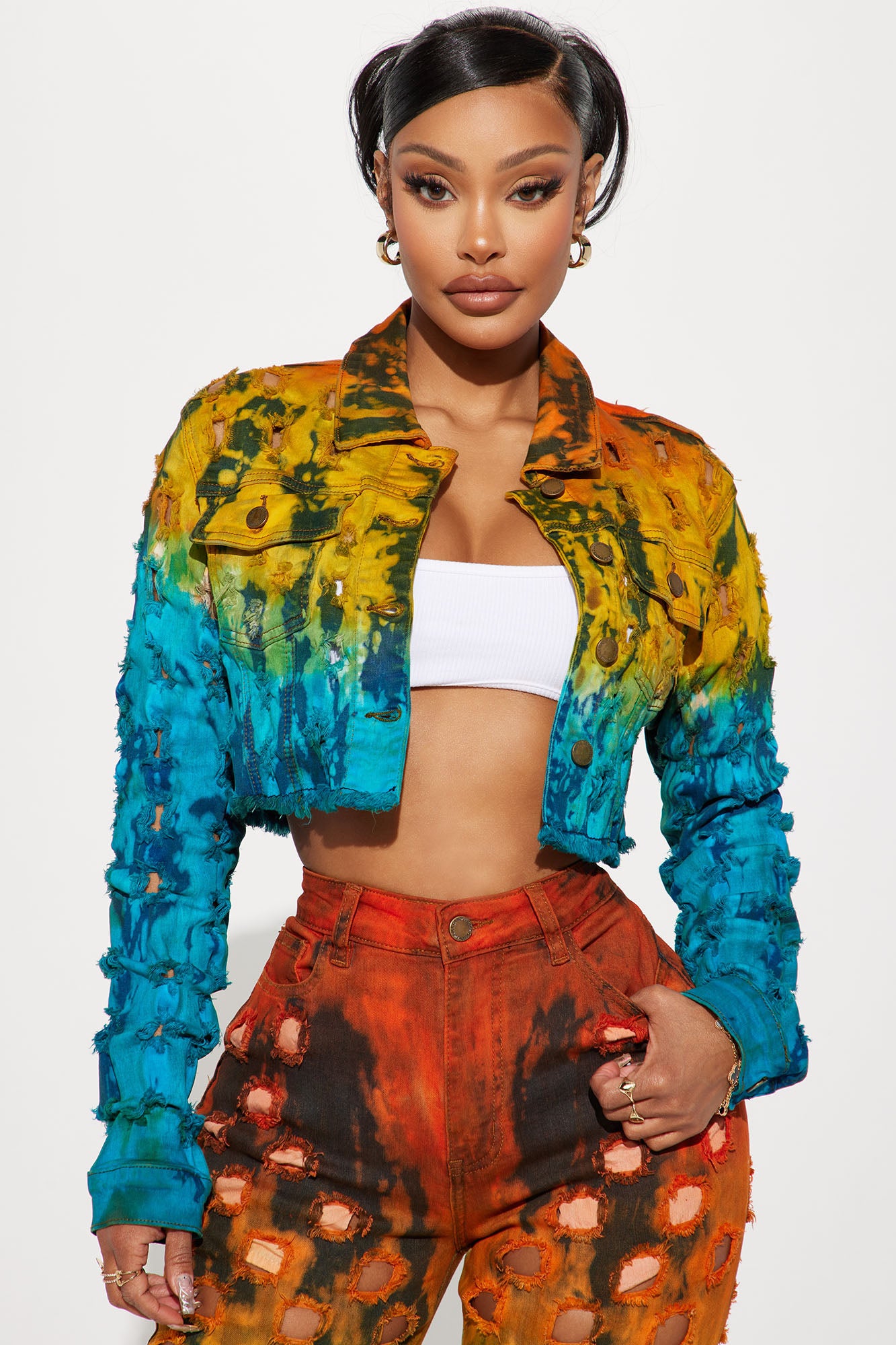 De Colores Ripped Tie Dye Crop Denim Jacket Orange combo