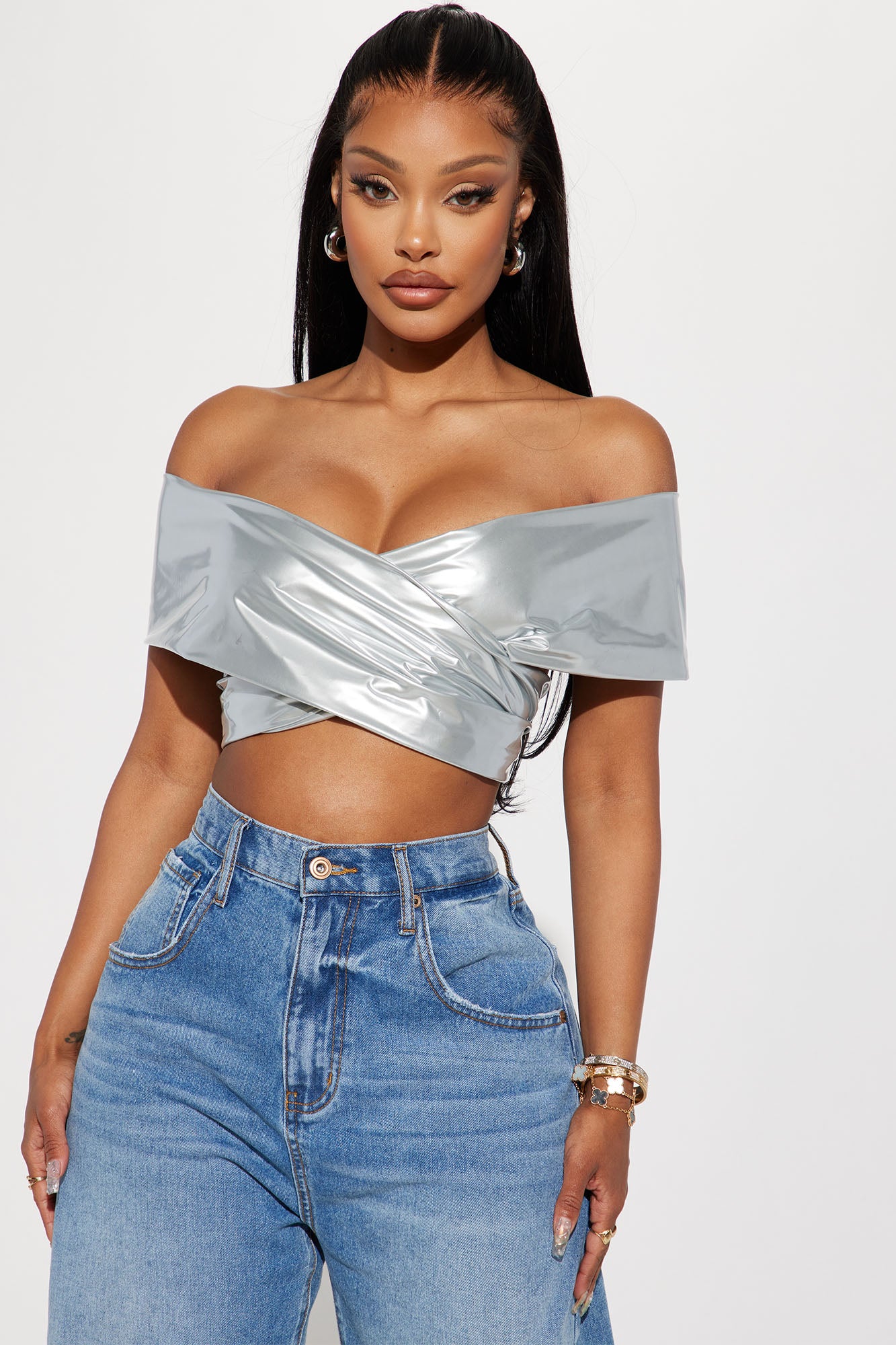 Silver satin crop 2025 top