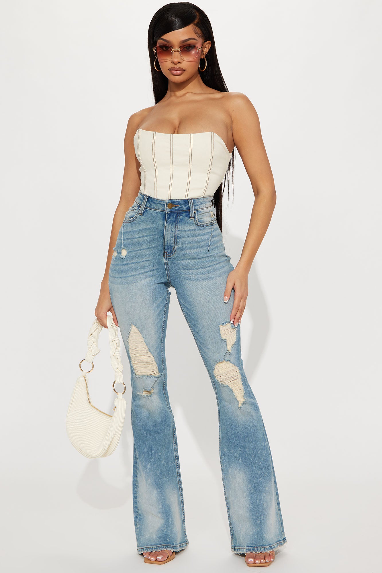 Just A Sec Ripped Low Stretch Flare Jeans - Light Wash