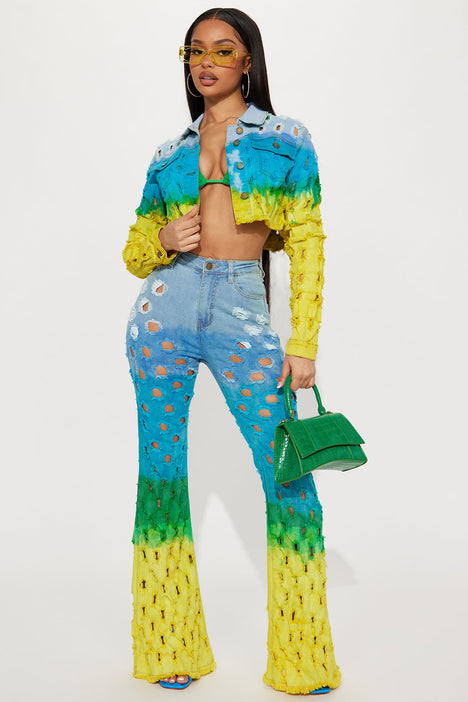 Alegria Ripped Tie Dye Crop Denim Jacket Blue combo