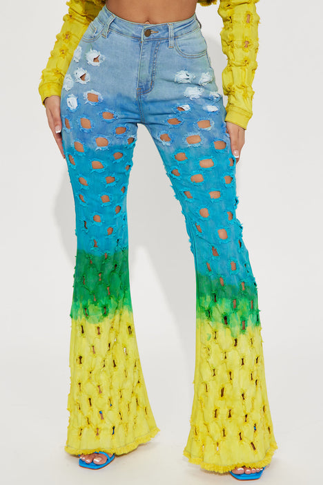 Alegria Ripped Tie Dye Flare Jean Blue combo Fashion Nova