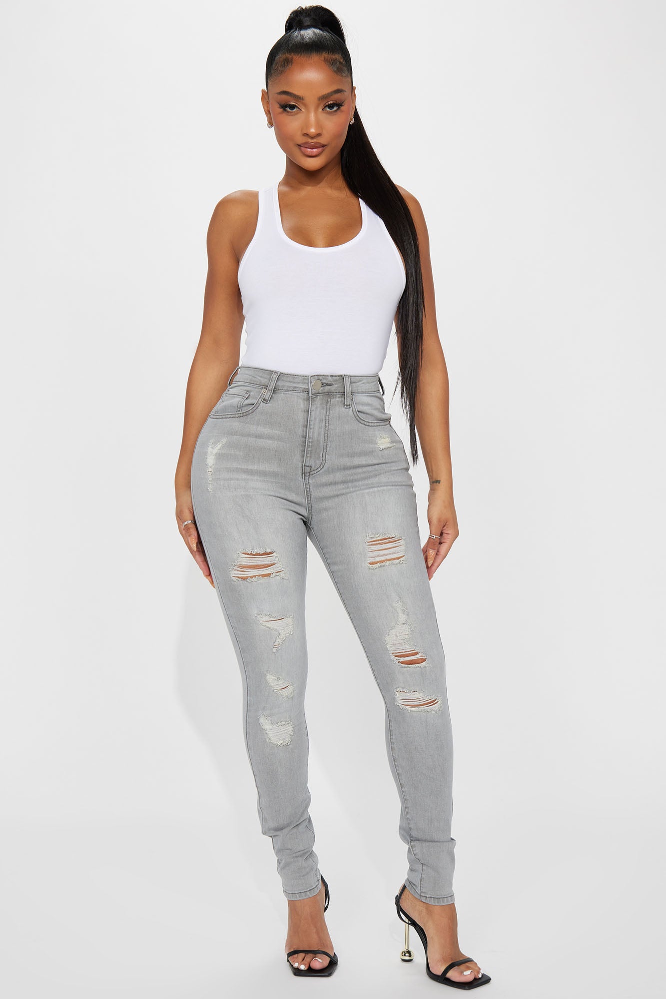 Rosie Ripped High Rise Stretch Skinny Jeans Grey