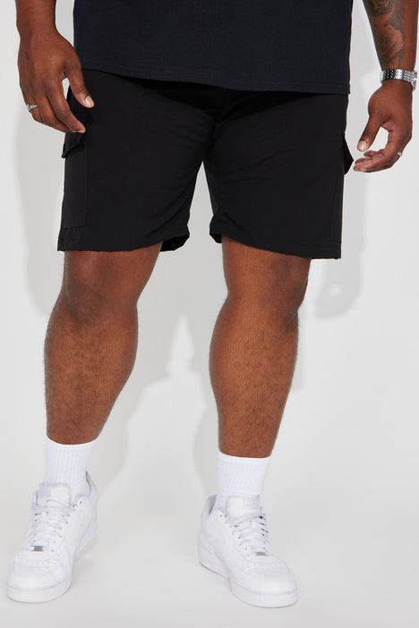 Black nylon shop cargo shorts
