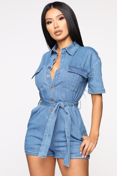 Live A Little Danger Denim Romper Light Wash