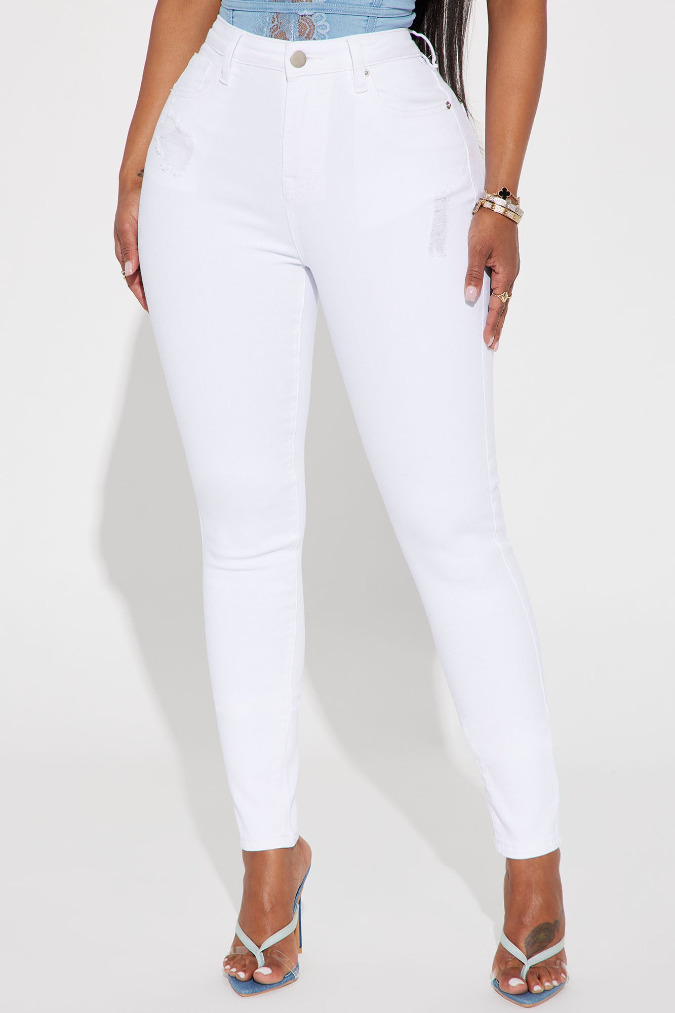 Riley Ripped High Rise Stretch Skinny Jeans - White