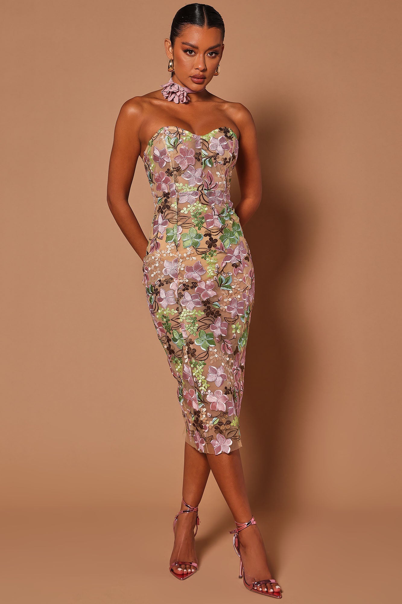 Tiana Floral Midi Dress - Nude/combo