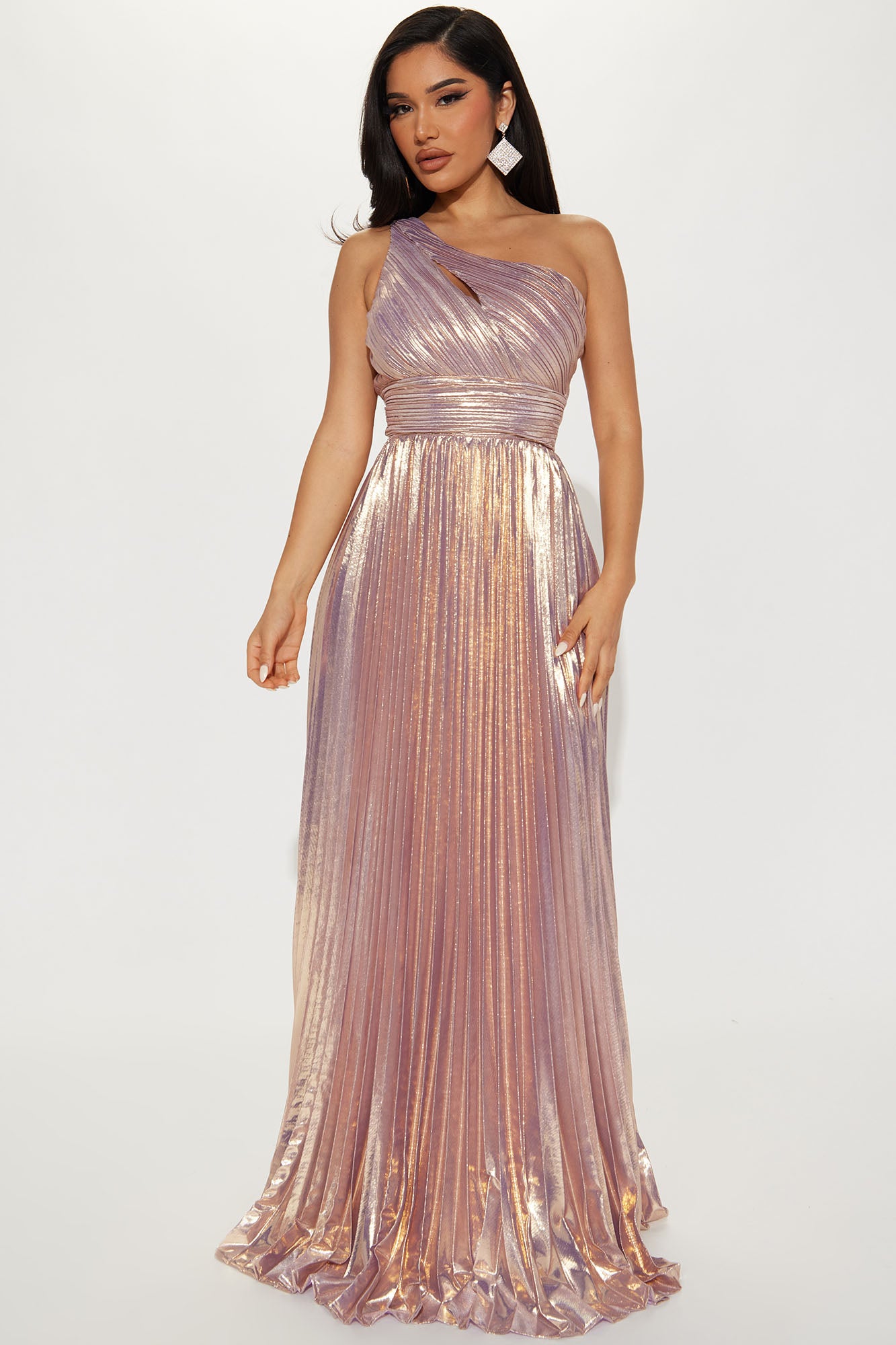 RAISAVANESSA Plunging Metallic Pleated Gown