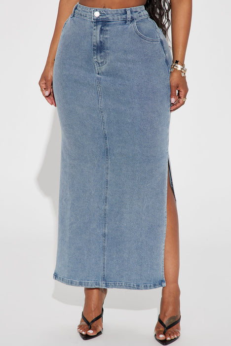 Selena Side Slit Denim Maxi Skirt - Medium Wash