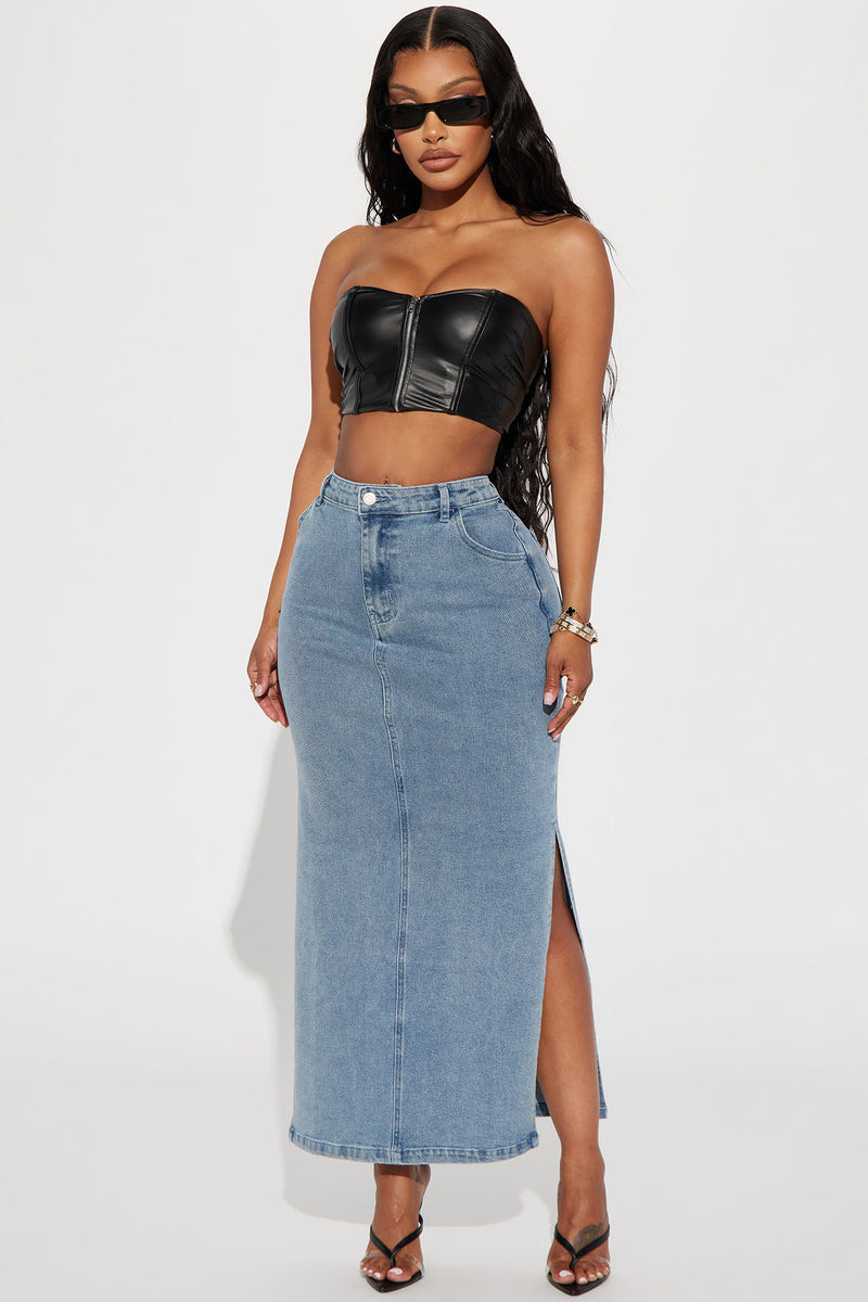 Selena Side Slit Denim Maxi Skirt - Medium Wash | Fashion Nova, Skirts ...
