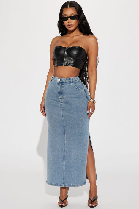Long denim skirt hotsell with side splits