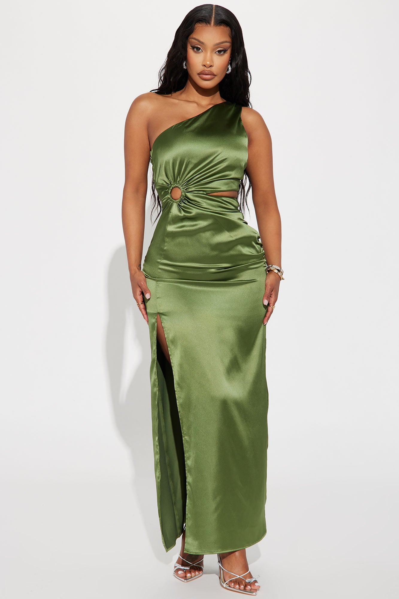 Emerald green one shoulder satin ruched maxi dress sale