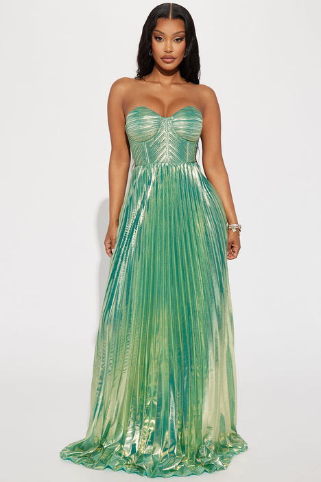 Sophia Pleated Metallic Maxi Dress - Teal, Fashion Nova, Dresses