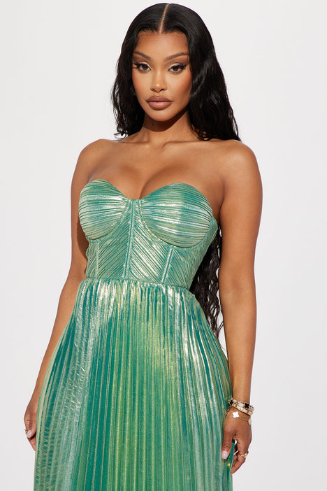 Metallic pleated maxi dress sale