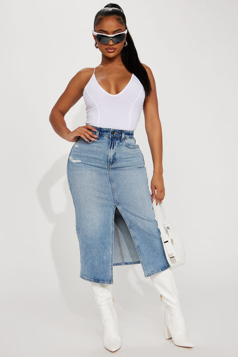 Denim midi skirt fashion nova top