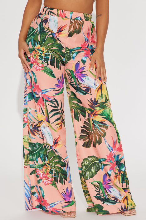 Tropical Printed Wide Leg Beach Pants