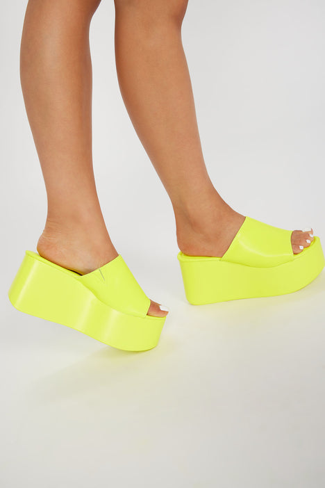 Flora Platform Mule Wedges Neon Yellow Fashion Nova Shoes