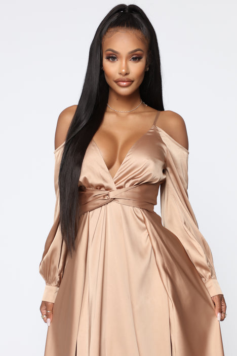 Mansion Dinner Party Satin Gown Gold Brown