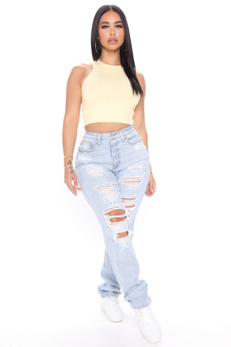 Favorite Getaway Destroyed Straight Leg Jeans Light Blue Wash