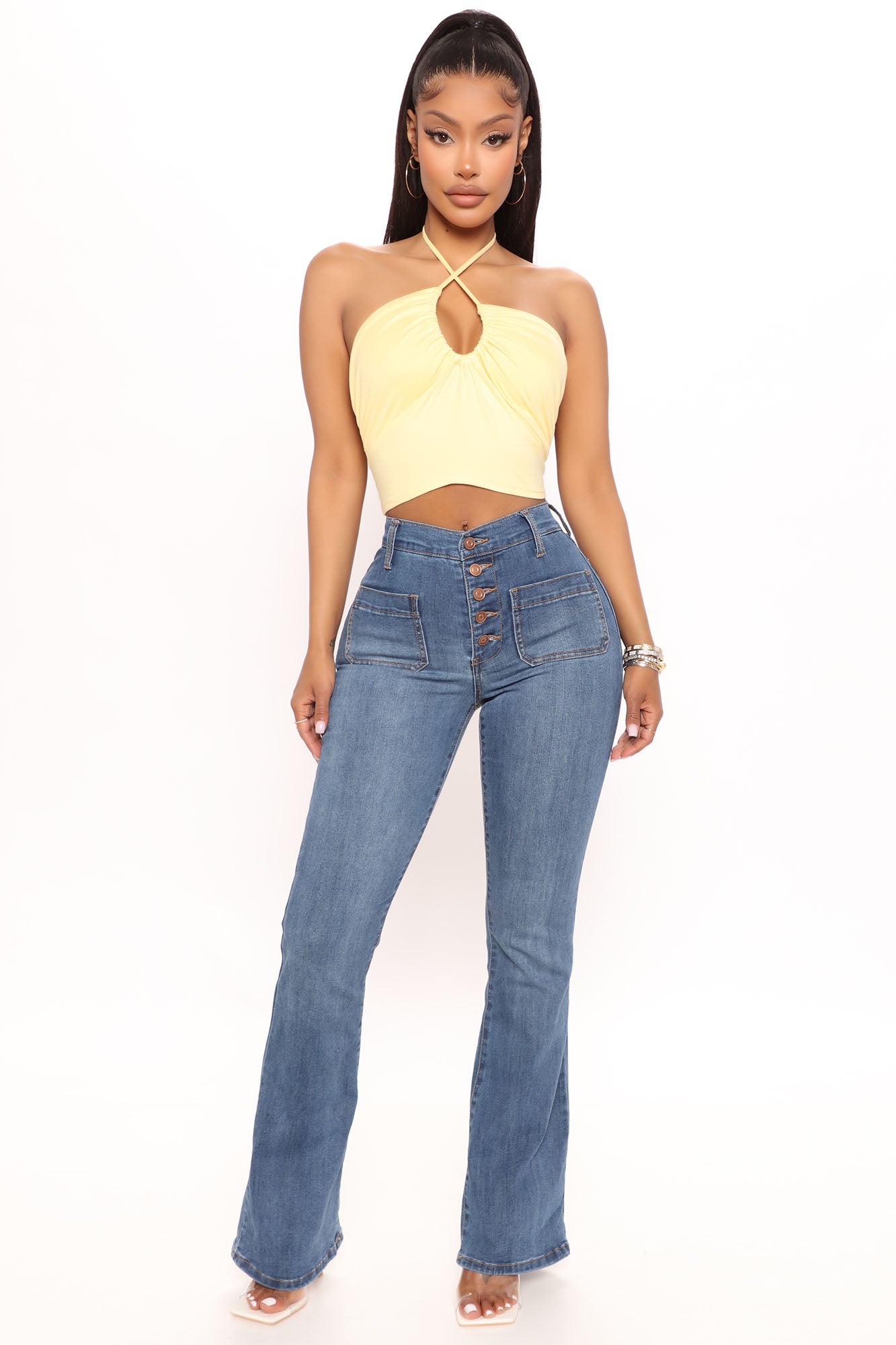 Katt Flare Button Jeans Medium Blue Wash