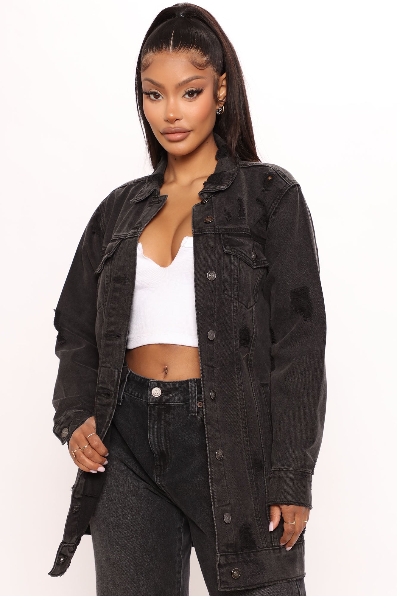 Womens longline black denim jacket discount