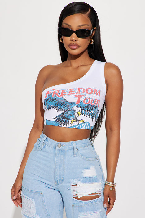 Freedom Tour One Shoulder Top White Fashion Nova Screens Tops