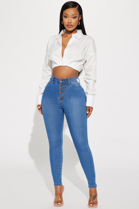 Classic Button Up Skinny Jeans Medium Blue Wash