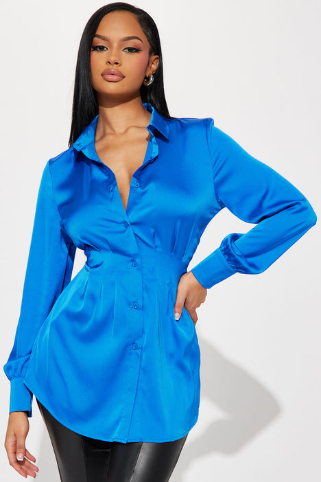 Rayven Satin Shirt Cobalt Blue Fashion Nova Shirts Blouses