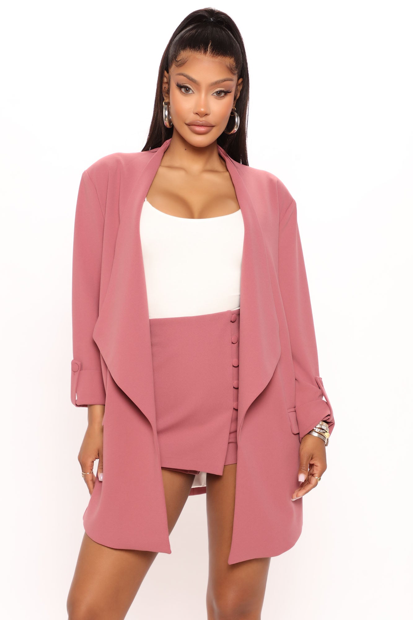 Pink open front store blazer