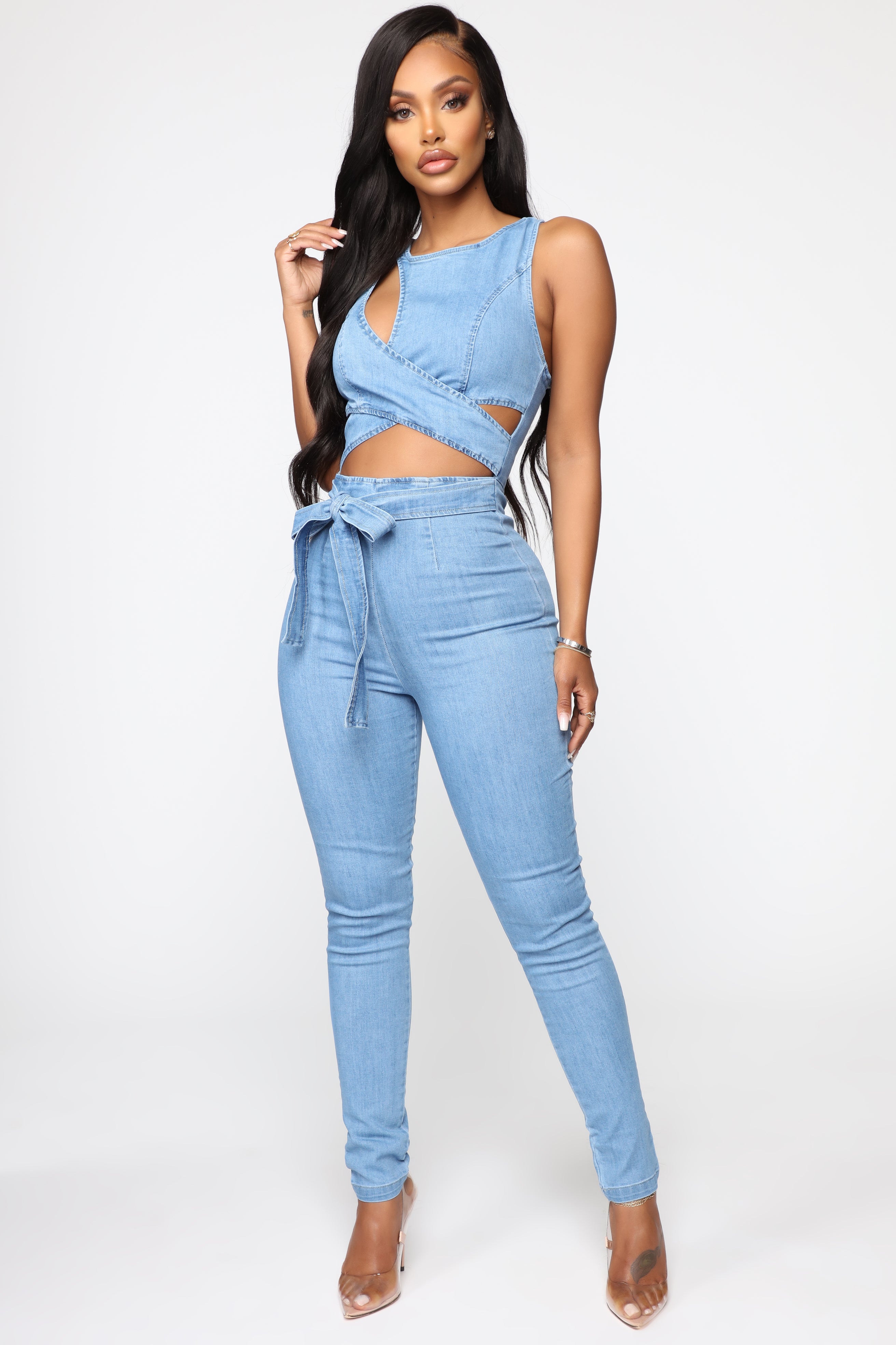 Denim cut out jumpsuit sale