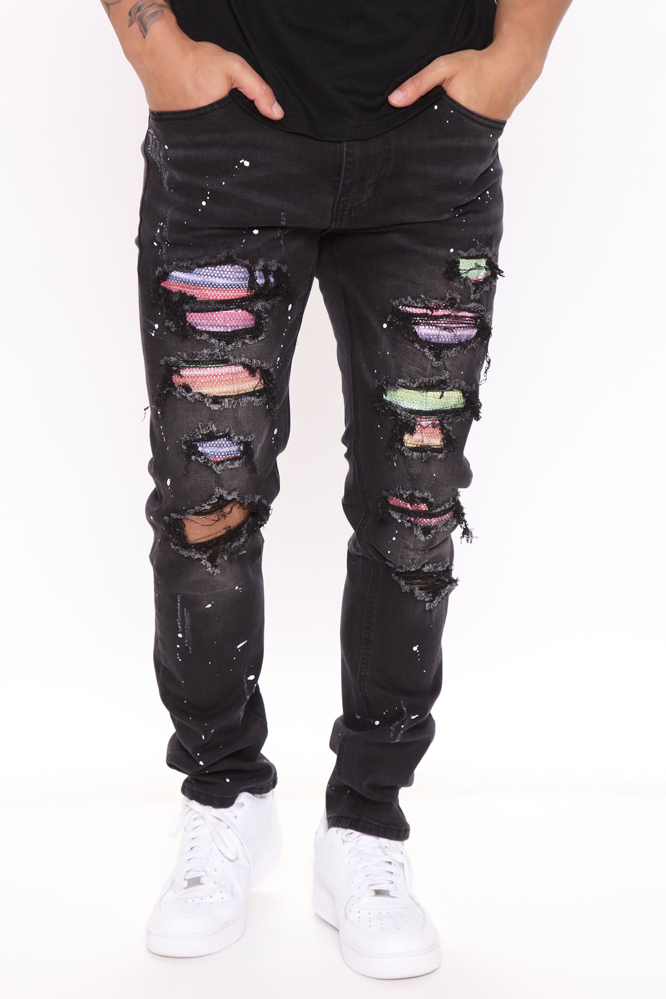 Rhinestone Ripped Skinny Jeans Black