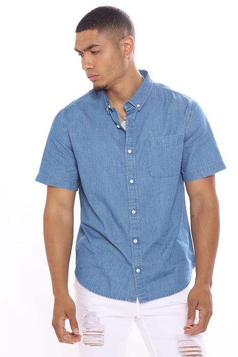 Basic Denim Short Sleeve Woven Top Medium Wash Fashion Nova