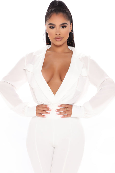 Cashin' Out Poplin Bodysuit - White, Fashion Nova, Shirts & Blouses