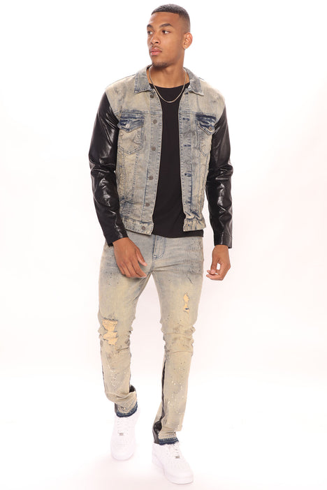 Denim with online leather sleeves