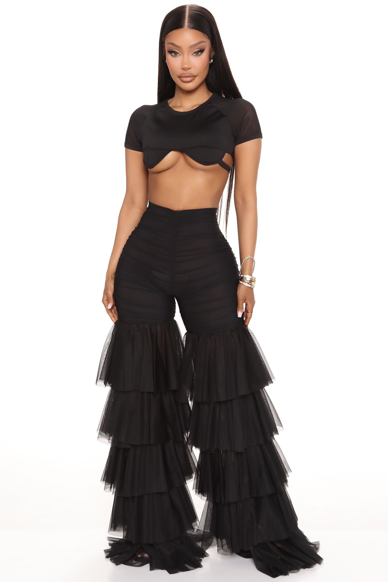 Black ruffle bottom pants online