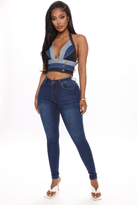 Daria Mesh Denim Print Top - Blue | Fashion Nova, Knit Tops | Fashion Nova